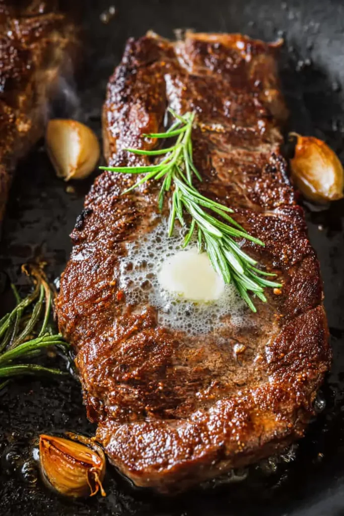 Pan Seared Steak – A Simple, Flavorful Christmas Dinner Star 12 Pan seared steak with butter and rosemary in skillet