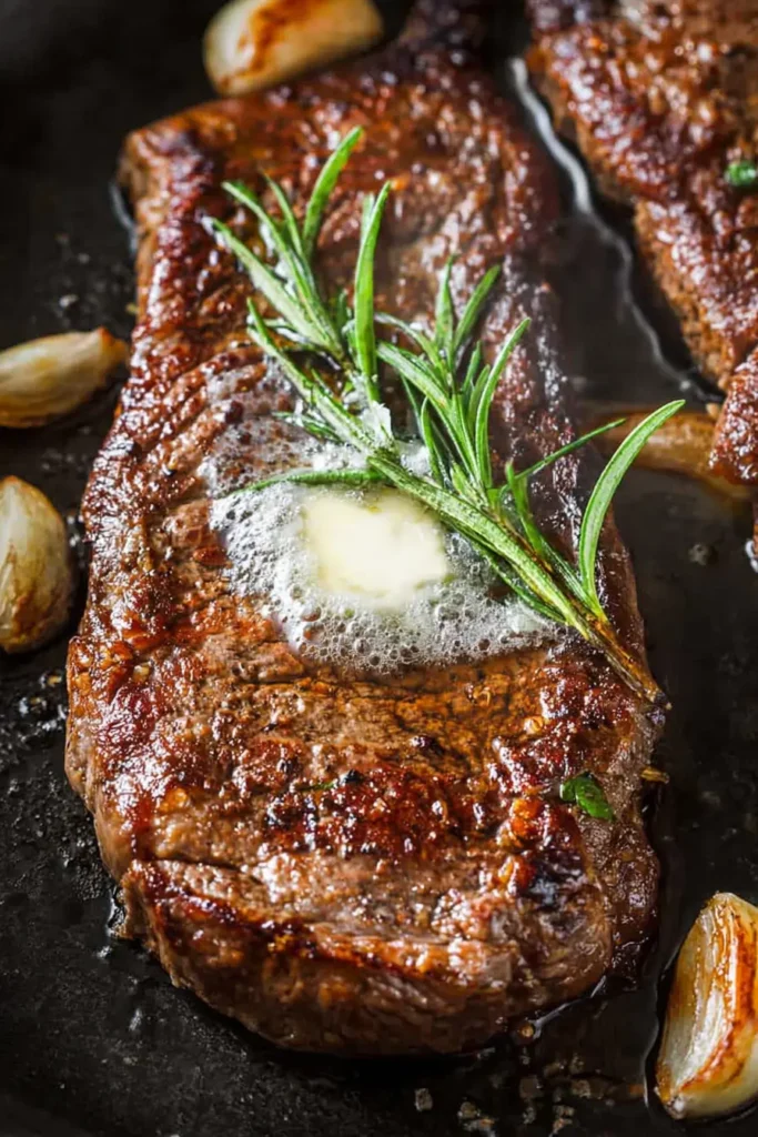 Pan Seared Steak – A Simple, Flavorful Christmas Dinner Star 10 Pan seared steak with butter and rosemary in skillet