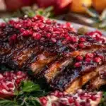 Pomegranate glazed pork ribs with pomegranate seeds and herbs