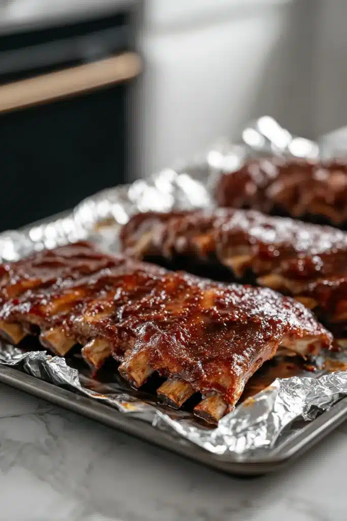 Pomegranate Glazed Pork Ribs – Amazing Holiday Feast 16 Pomegranate glazed ribs baking on foil-lined tray