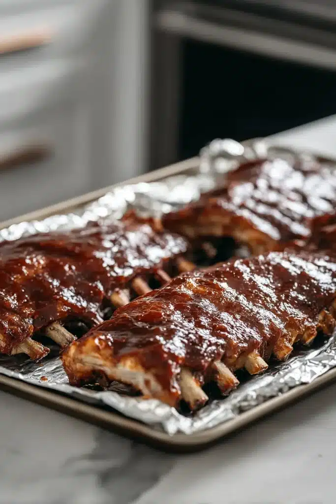 Pomegranate Glazed Pork Ribs – Amazing Holiday Feast 15 Pomegranate glazed ribs baking on foil-lined tray