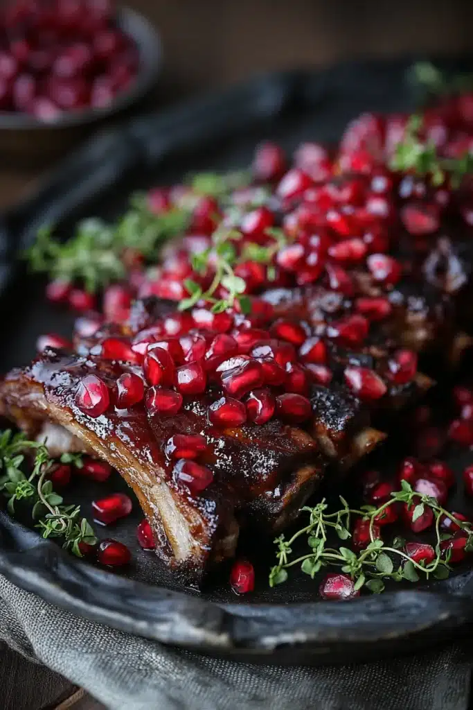 Pomegranate Glazed Pork Ribs – Amazing Holiday Feast 18 Pomegranate glazed ribs topped with pomegranate seeds and herbs