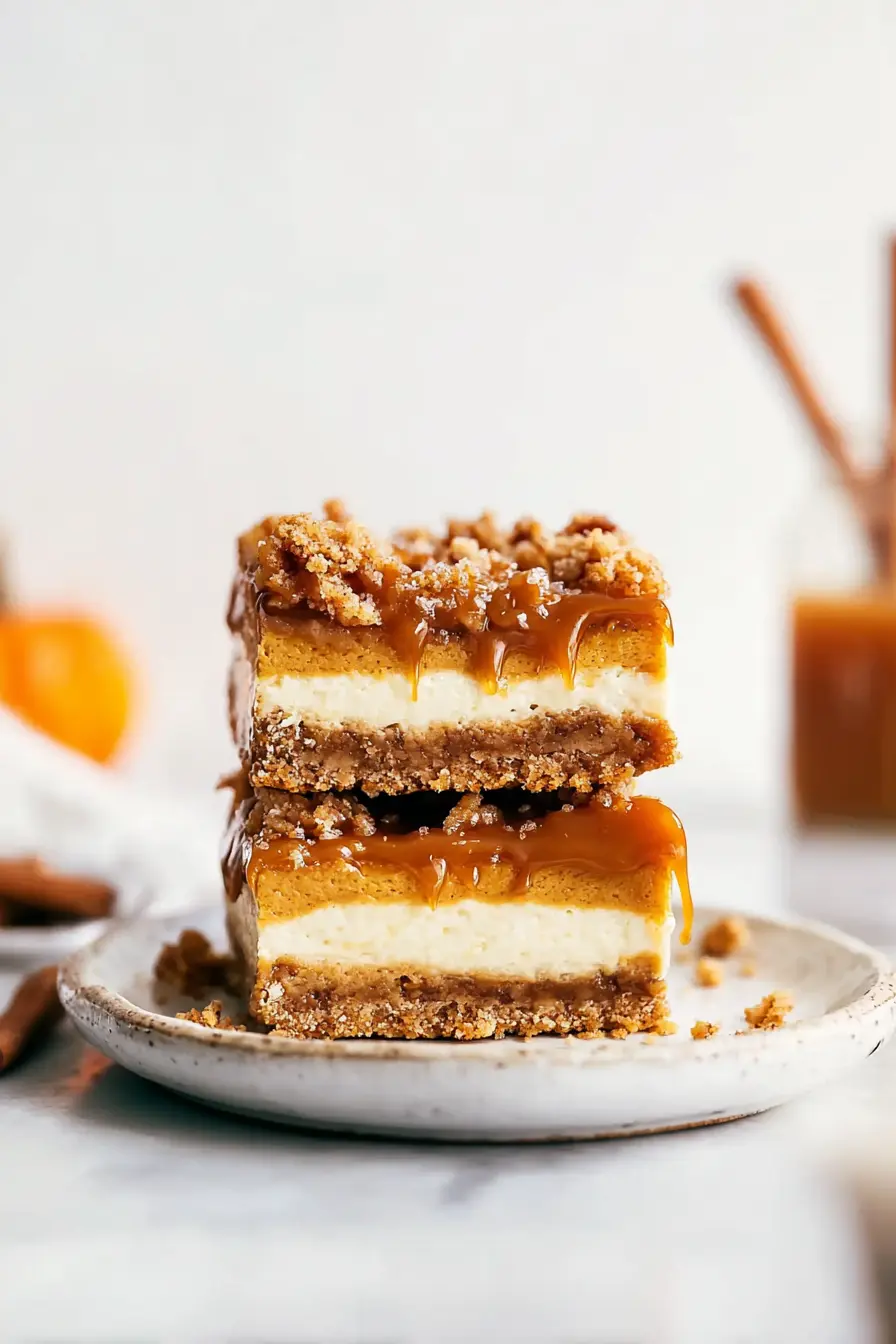 Stacked pumpkin cheesecake bars with streusel topping and caramel drizzle on a white plate