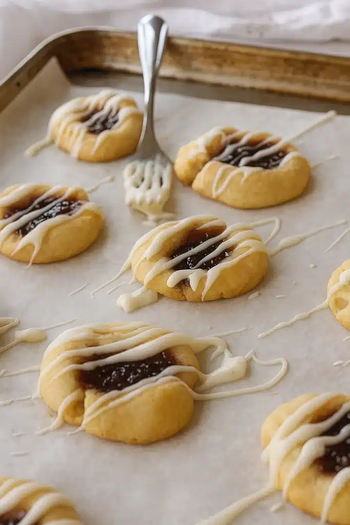 Raspberry Swirl Shortbread Cookies | Sweet Holiday Treat 8 Raspberry swirl shortbread cookies with glaze on parchment tray