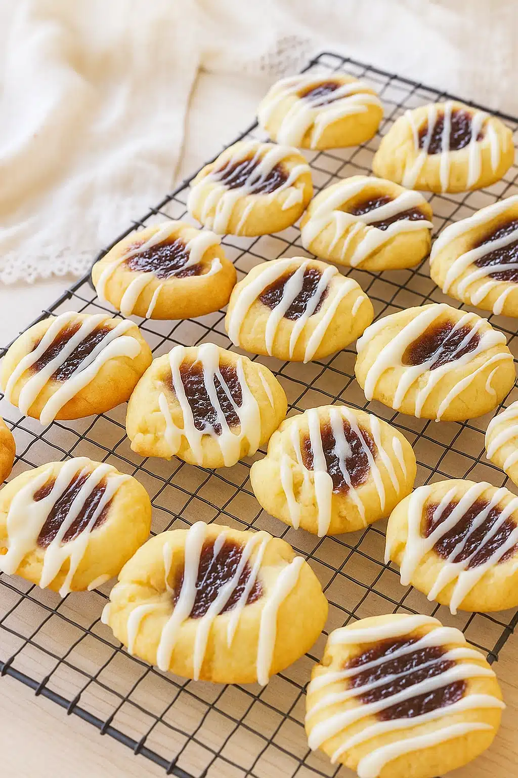 Raspberry swirl shortbread cookies with glaze on cooling rack