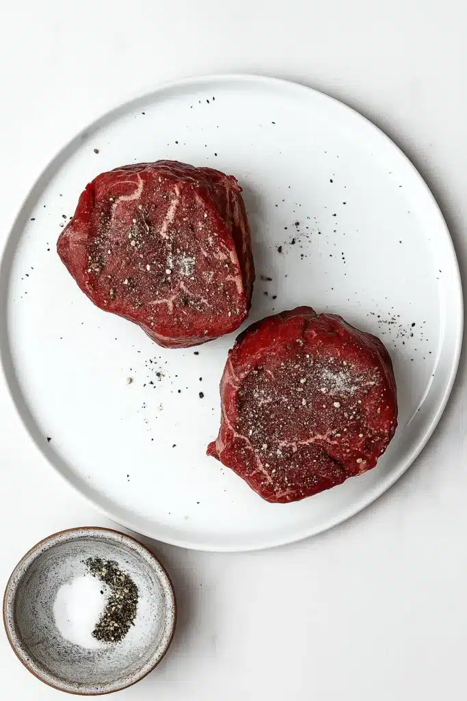 Raw filet mignon steaks seasoned with salt and pepper on a minimalist white plate.
