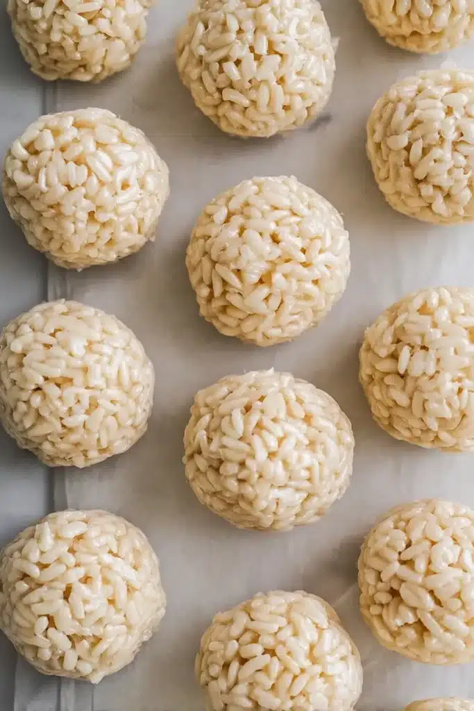Freshly rolled rice crispy treat balls on parchment paper