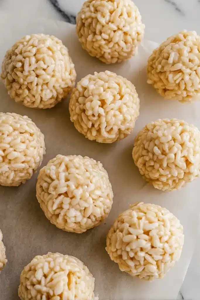 Uncoated rice crispy treat balls on parchment paper before chocolate coating