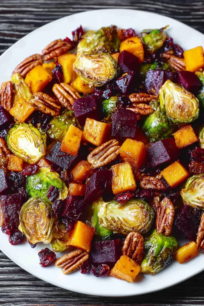 Delicious Christmas Vegetable Salad with Brussels Sprouts 11 Roasted vegetable salad with Brussels sprouts, squash, beets, and pecans