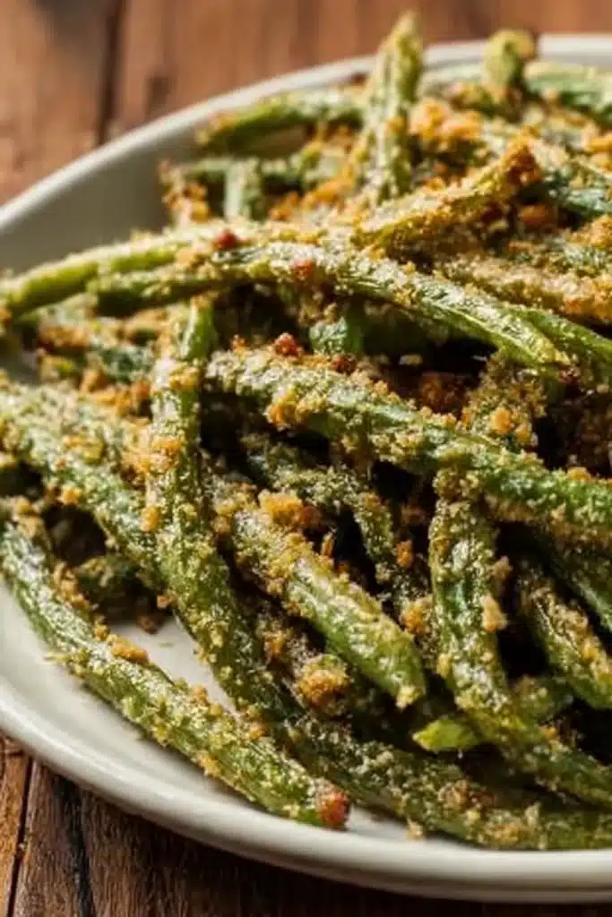 Roasted parmesan green beans with crispy breadcrumb coating on a plate