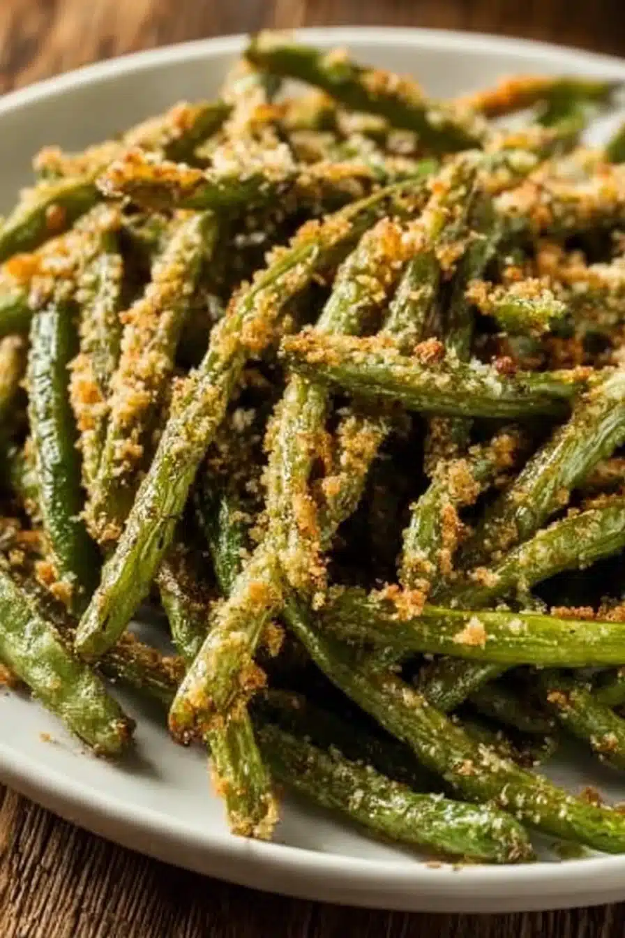 Roasted parmesan green beans with crispy breadcrumb coating on a plate