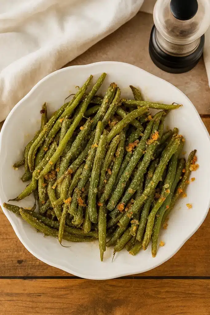 Roasted parmesan green beans served in white bowl on wooden table