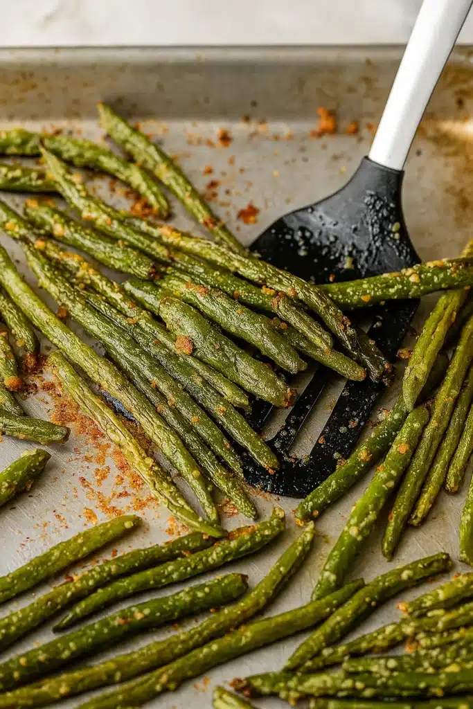 Roasted parmesan green beans on baking sheet with spatula