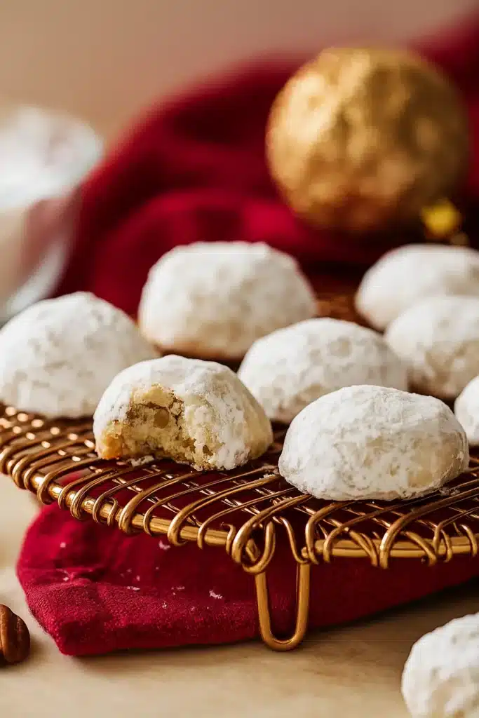 Bite of Russian Tea Cake showing nutty crumbly inside on golden cooling rack
