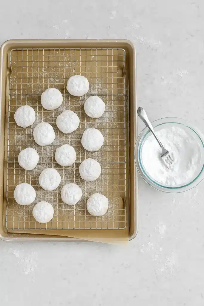 Russian Tea Cakes cooling on rack beside powdered sugar bowl