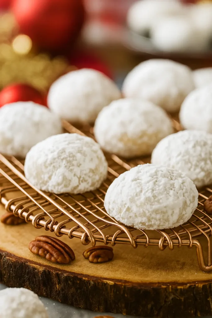 Snowball cookies coated in powdered sugar on a golden cooling rack