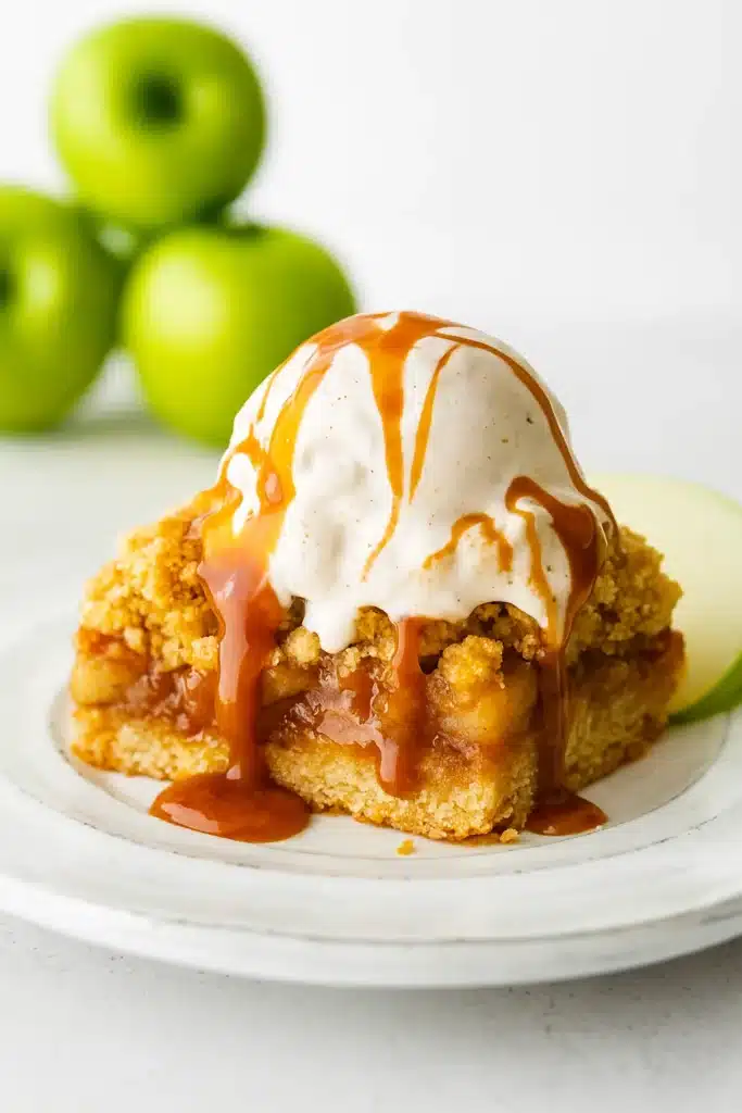 Salted caramel apple crumble bar with vanilla ice cream and caramel drizzle