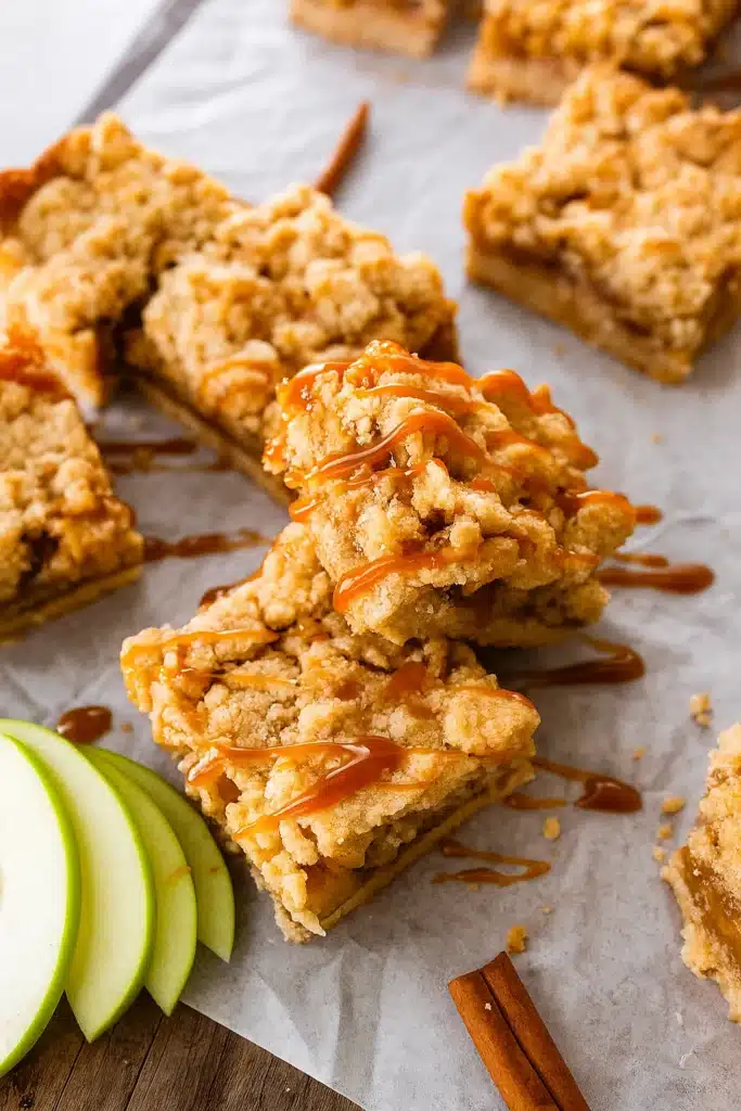 Salted caramel apple crumble bars drizzled with caramel and sliced apples