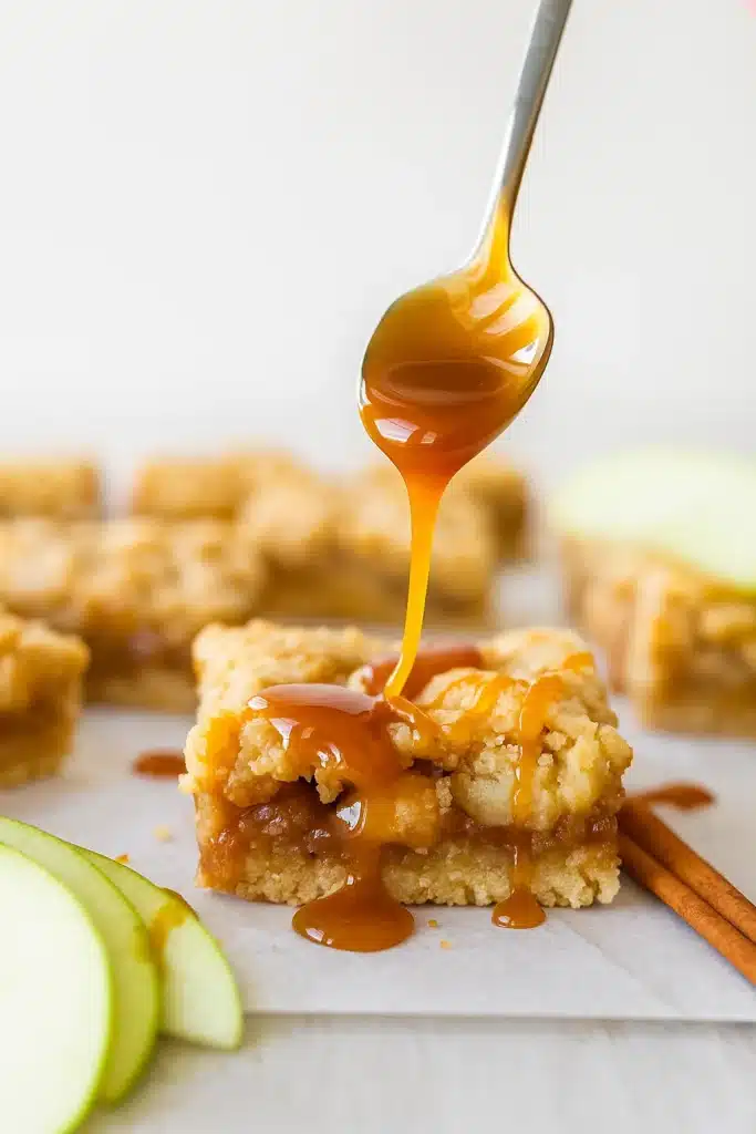 Salted caramel apple crumble bar drizzled with caramel sauce