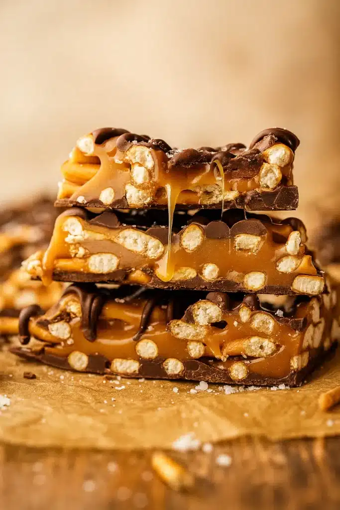 The Best Salted Caramel Pretzel Bark stacked with gooey caramel and chocolate