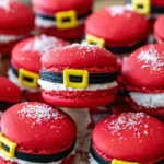 Santa Claus macarons with coconut filling, red shells, black belts, and yellow buckles