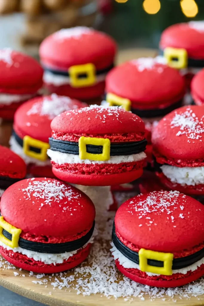Santa Claus Macarons | Amazing Christmas Cookie Magic 10 Santa Claus macarons with coconut filling, red shells, black belts, and yellow buckles