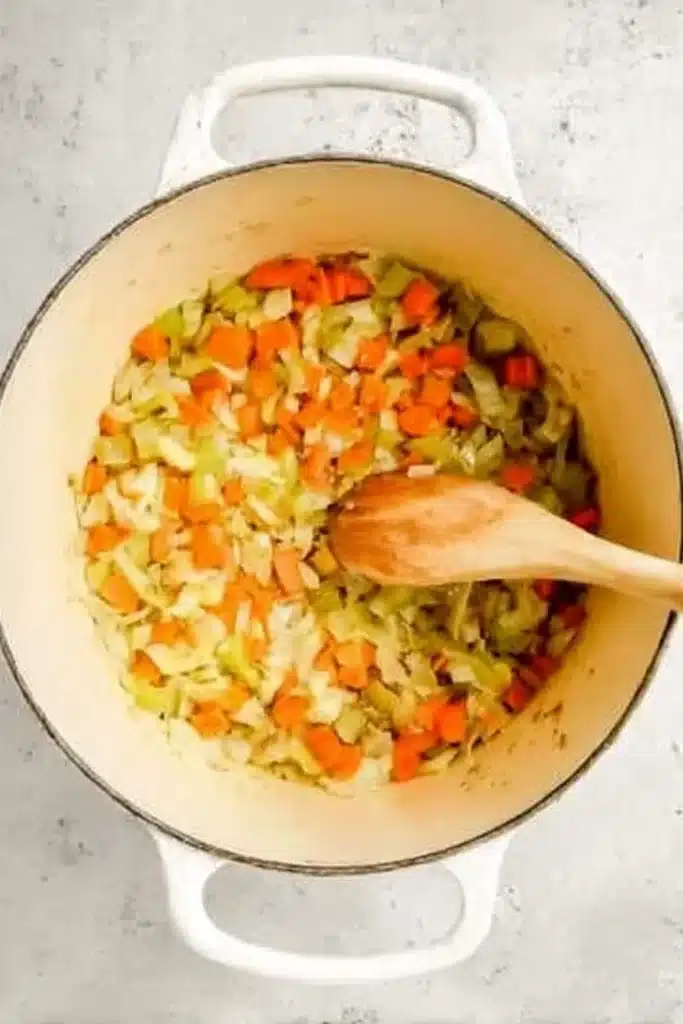 Tuscan White Bean Soup | Hearty & Amazing Comfort 12 Sautéing onions, carrots, and celery in a Dutch oven for Tuscan White Bean Soup