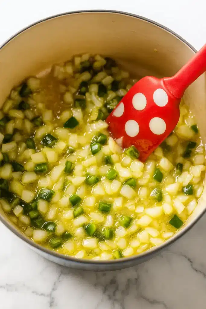 Sautéing onions and jalapeños in a pot for chicken tortilla soup