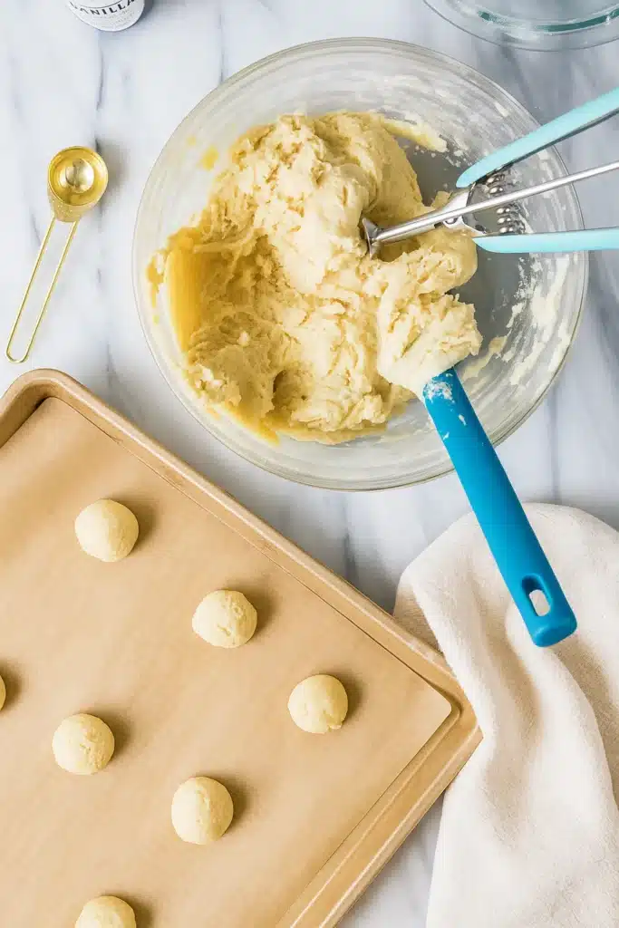 Scooping Italian cookie dough onto a baking sheet