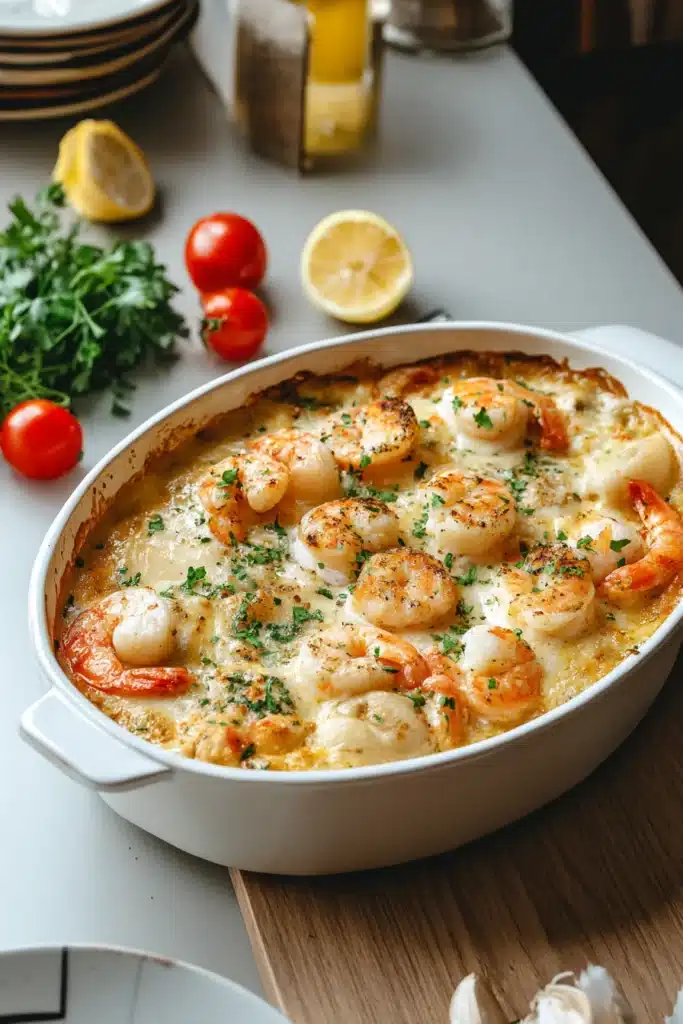 Creamy seafood casserole with shrimp, scallops, and fish in a white baking dish