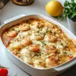 Creamy seafood casserole with shrimp, scallops, and fish in a white baking dish