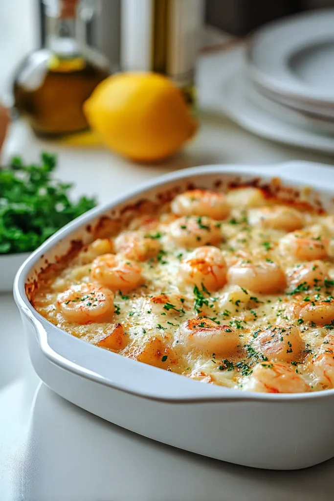 Golden seafood casserole with shrimp and scallops in a white dish