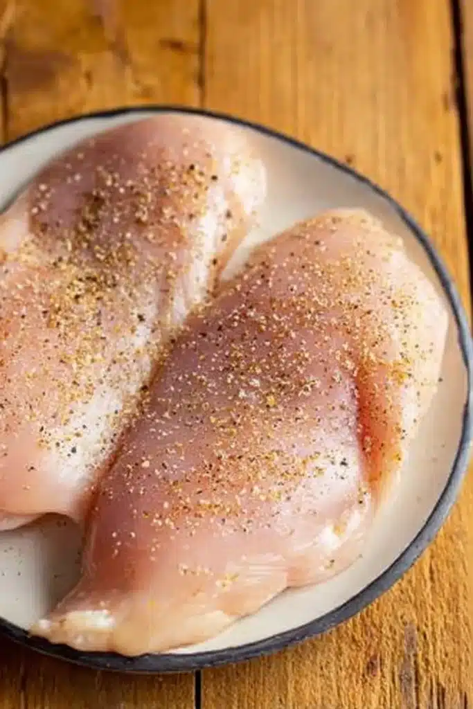 Raw seasoned chicken breasts on a plate for Crock Pot Chicken and Gravy