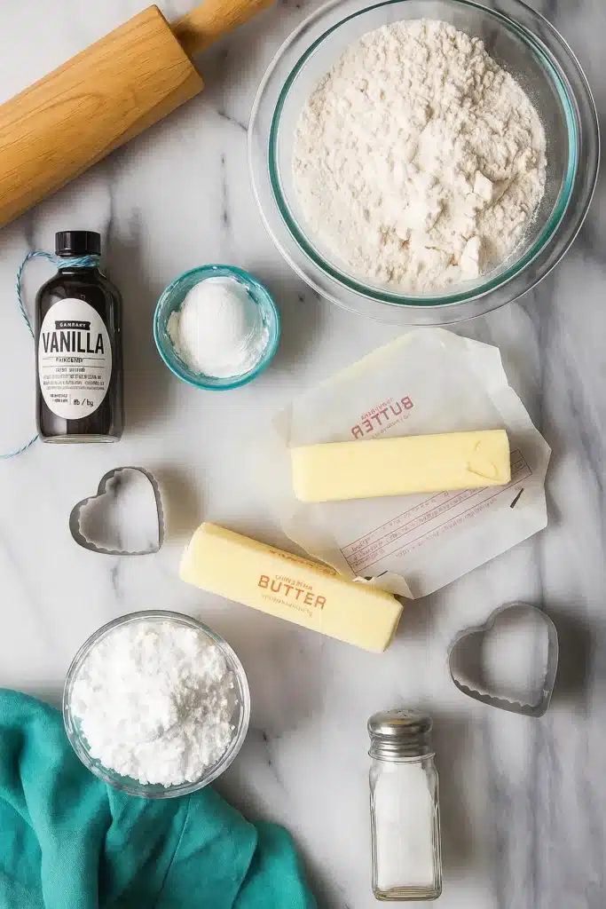 Shortbread Cookie Recipe | Simple & Delicious Holiday Treat 9 Shortbread cookie ingredients with butter, flour, vanilla, and heart cookie cutters on marble