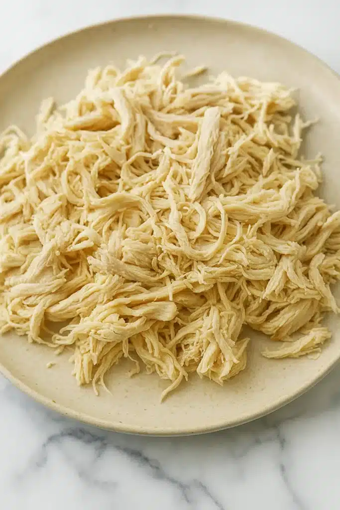 Freshly shredded chicken on plate for chicken tortilla soup