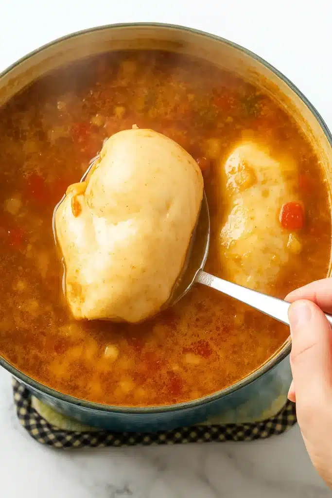 Chicken breasts simmering in golden broth for chicken tortilla soup