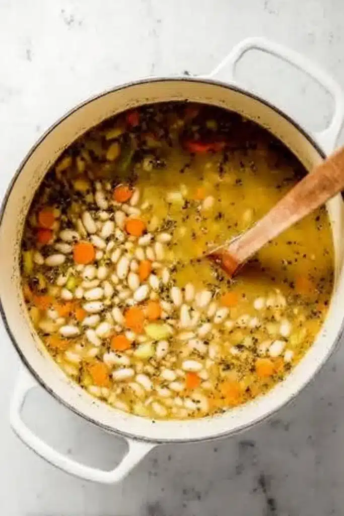 Tuscan White Bean Soup | Hearty & Amazing Comfort 13 Tuscan White Bean Soup simmering with beans, carrots, celery, and herbs in a Dutch oven