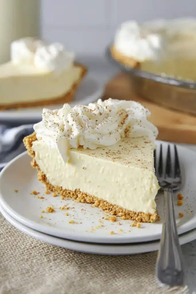 Eggnog Pie Recipe | Creamy, Easy & Irresistible Christmas Dessert 21 Slice of creamy eggnog pie with whipped cream and nutmeg on a white plate