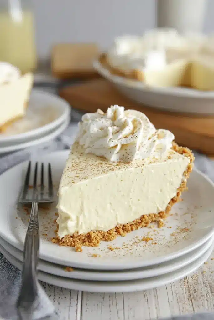 Eggnog Pie Recipe | Creamy, Easy & Irresistible Christmas Dessert 22 Slice of creamy eggnog pie with whipped cream and nutmeg on a white plate