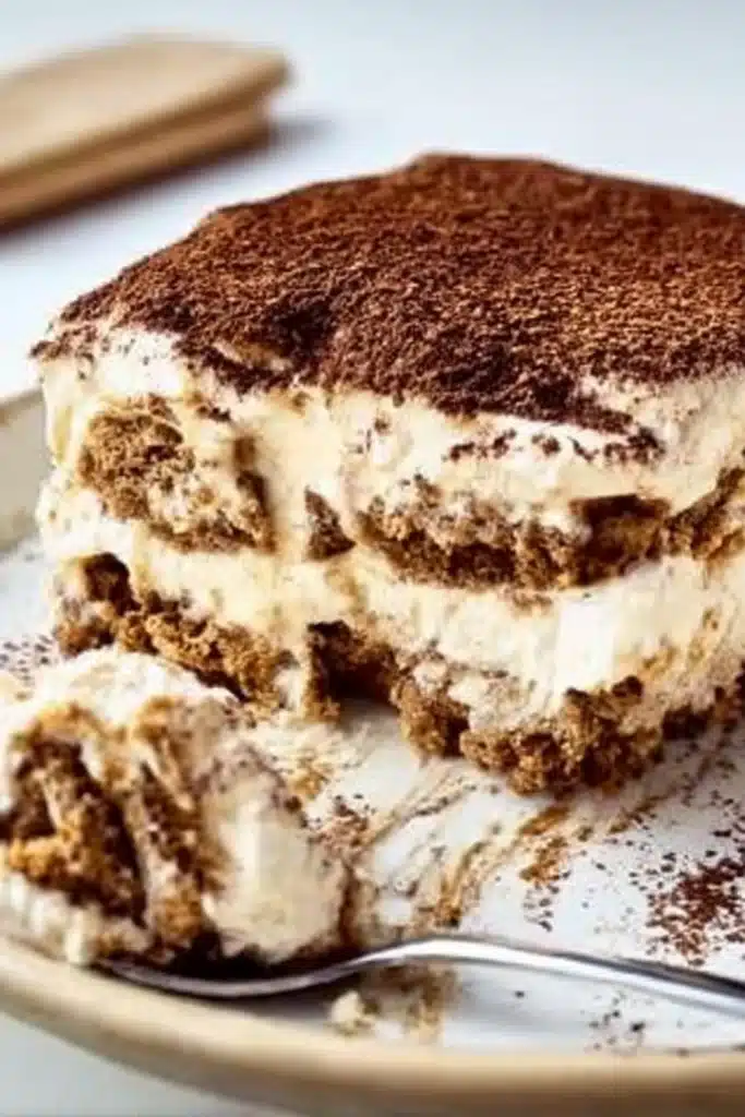Slice of gingerbread tiramisu with creamy layers and cocoa topping on a white plate