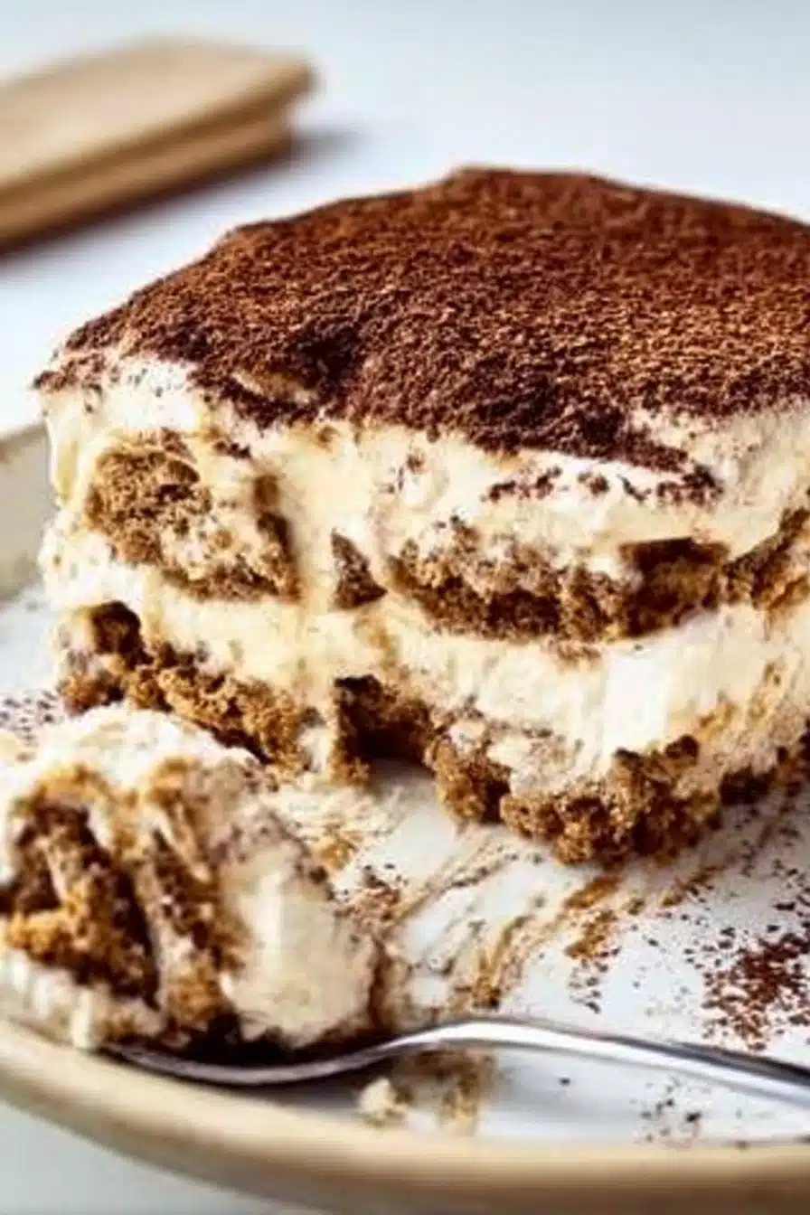 Slice of gingerbread tiramisu with creamy layers and cocoa topping on a white plate