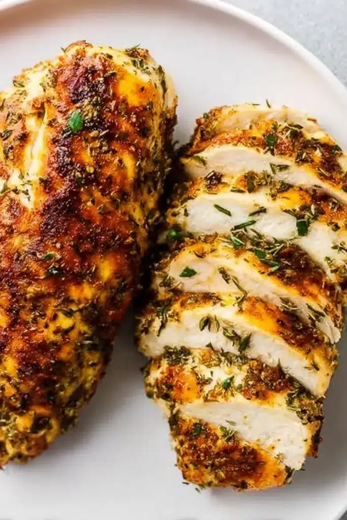 Sliced juicy air fryer chicken breast with crispy herb crust on white plate