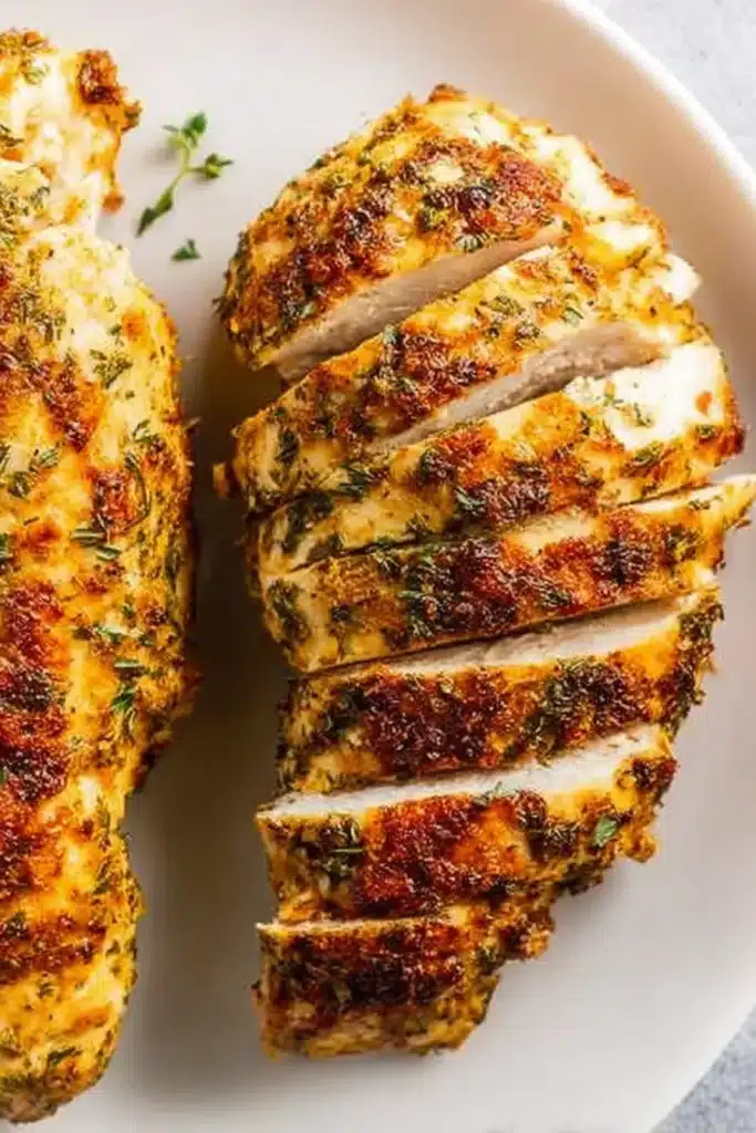 Sliced juicy air fryer chicken breast with crispy herb crust on white plate