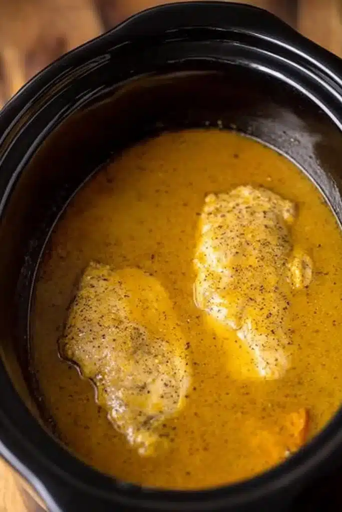 Cooked chicken breasts in golden gravy inside slow cooker for Crock Pot Chicken and Gravy
