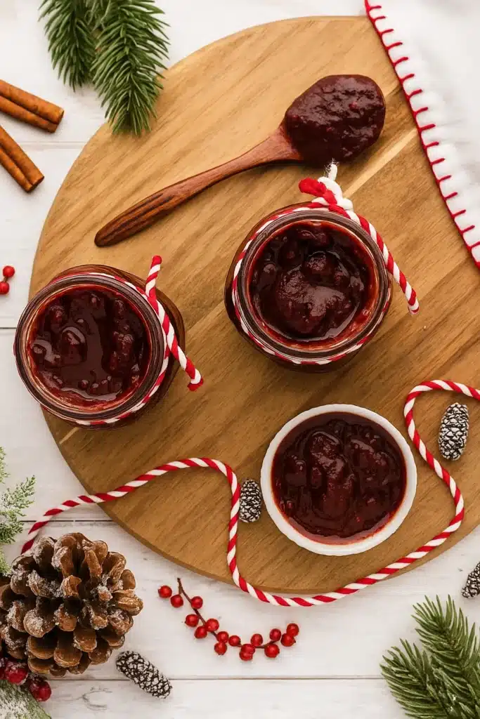 Slow Cooker Christmas Jam | Easy & Festive Homemade Gift 11 Slow Cooker Christmas Jam Recipe in glass jars tied with red and white string