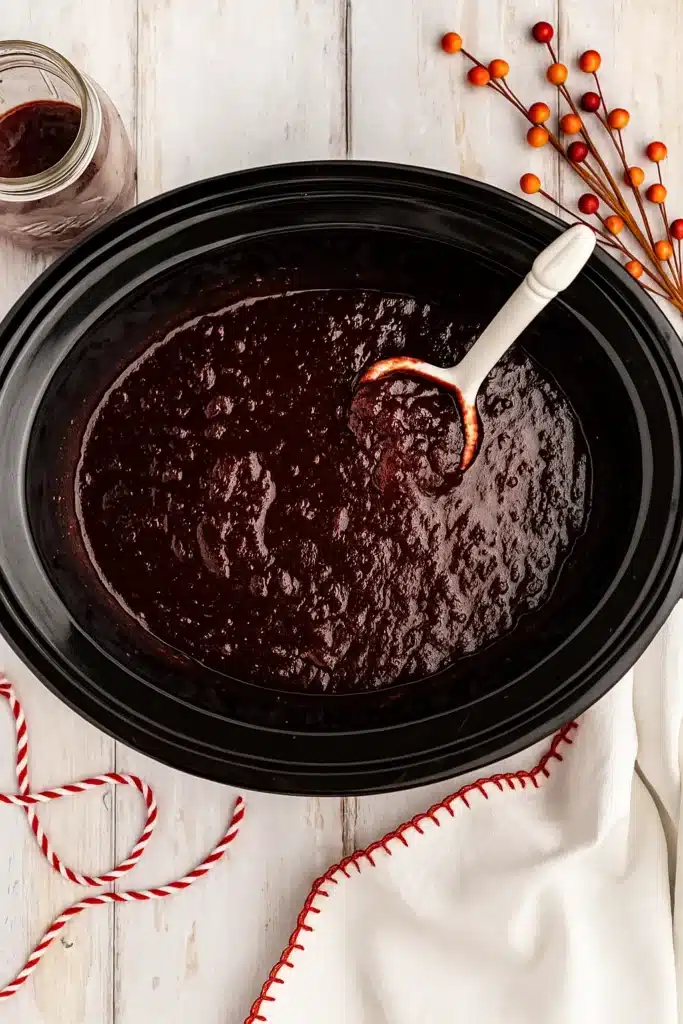 Slow Cooker Christmas Jam | Easy & Festive Homemade Gift 7 Slow Cooker Christmas Jam Recipe in a black slow cooker with white ladle