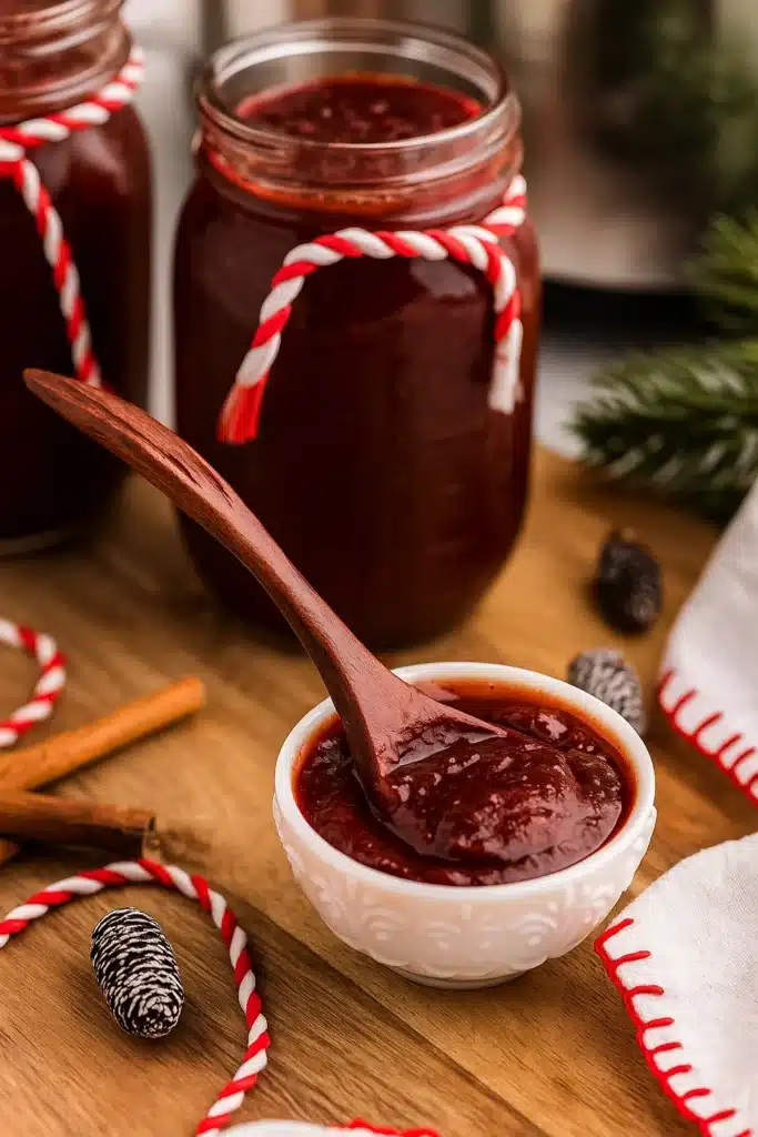 Slow Cooker Christmas Jam | Easy & Festive Homemade Gift 8 Slow Cooker Christmas Jam Recipe served in a white bowl with wooden spoon