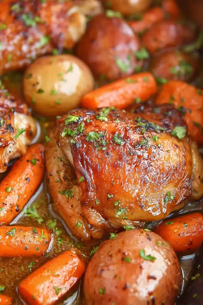 Slow Cooker Honey Garlic Chicken and Veggies Recipe 6 Close-up of slow cooker honey garlic chicken and veggies in rich sauce