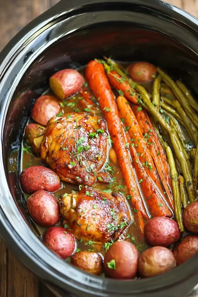 Slow cooker honey garlic chicken and veggies in rich sauce