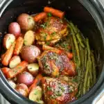 Slow cooker honey garlic chicken with potatoes, carrots, and green beans